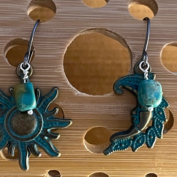 Faceted Moss Opal with Celestial Sun and Moon - Patina charm Earrings - Picture 4 of 5